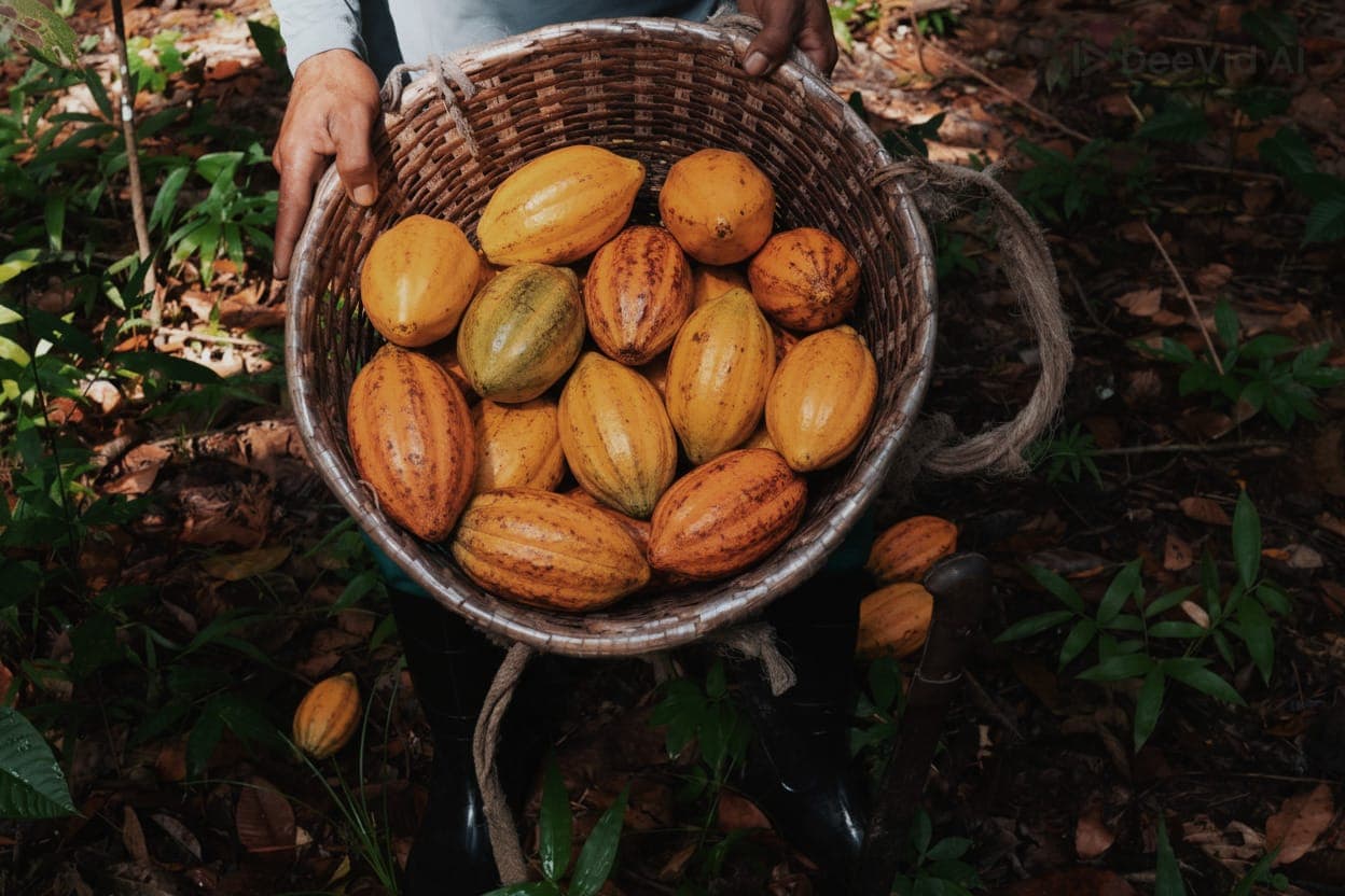 Paneiro cheio de frutos de cacau