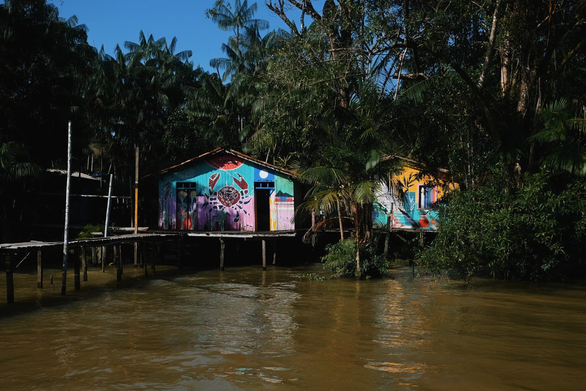 Casa colorida à beira do rio, cercada pela mata