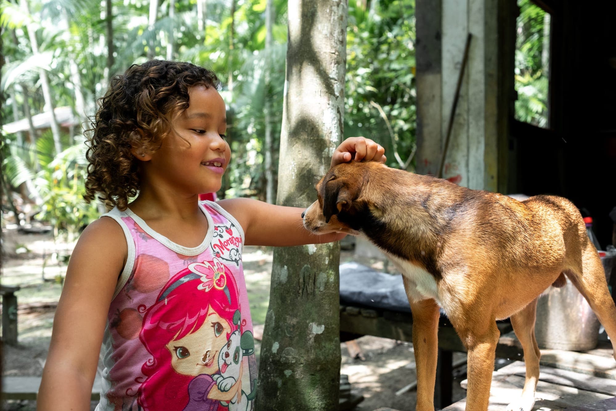 Menina sorri fazendo carinho em um cachorro