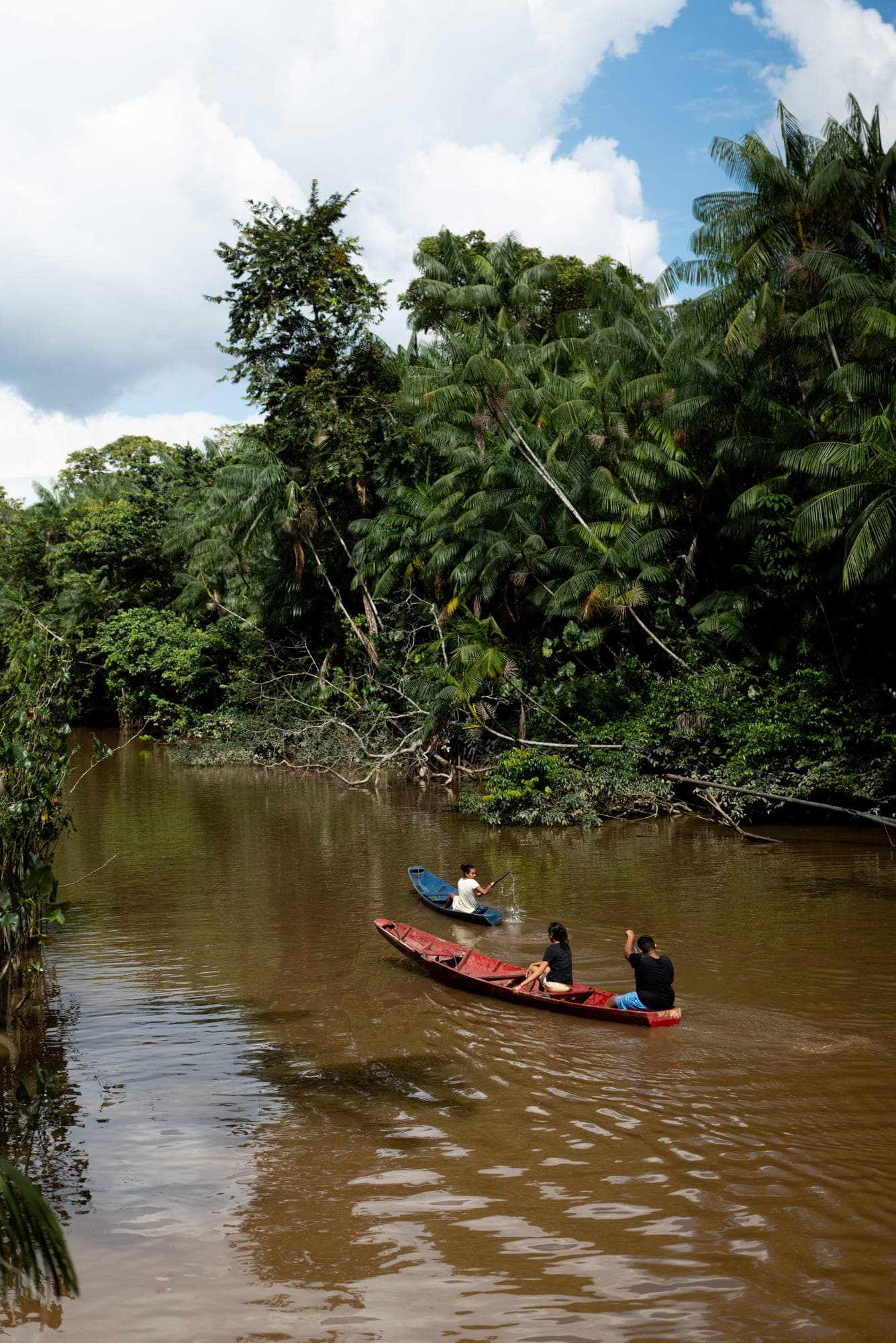 Canoa com crianças navega por um igarapé