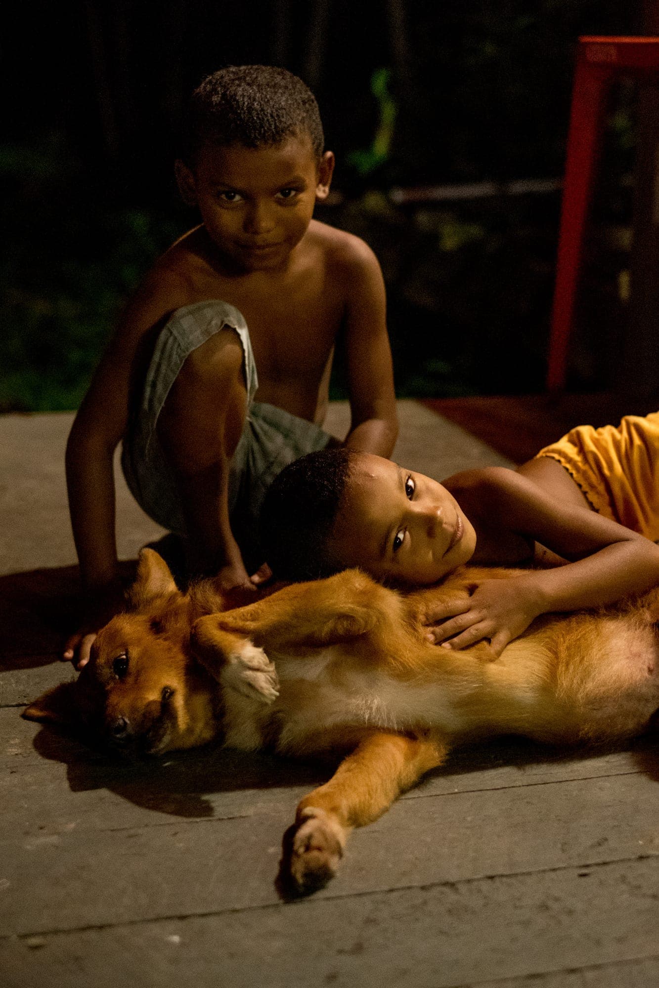 Dois meninos deitados sobre um cachorro