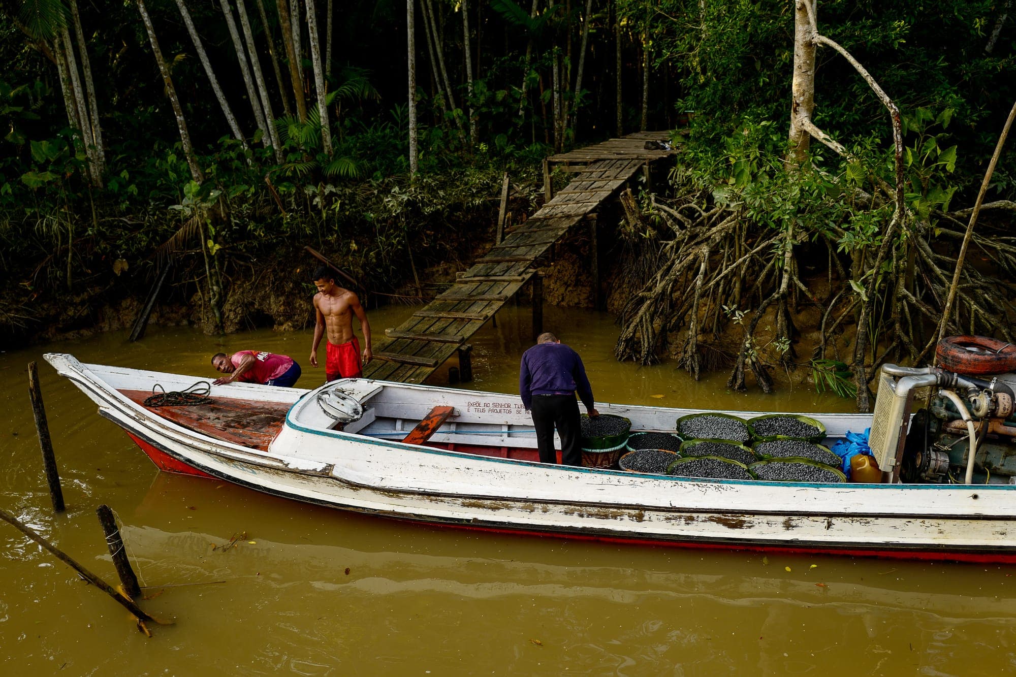 Barco atracado na margem, junto a uma escada de madeira